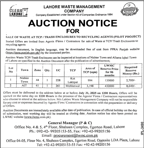 Lahore Waste Management Company Lahore Tender Notice